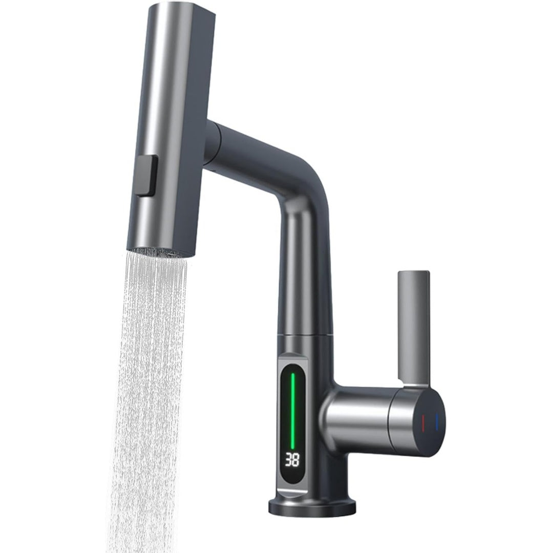 Flusso di acqua gestito da un miscelatore di colore grigio e con elementi rimovibili